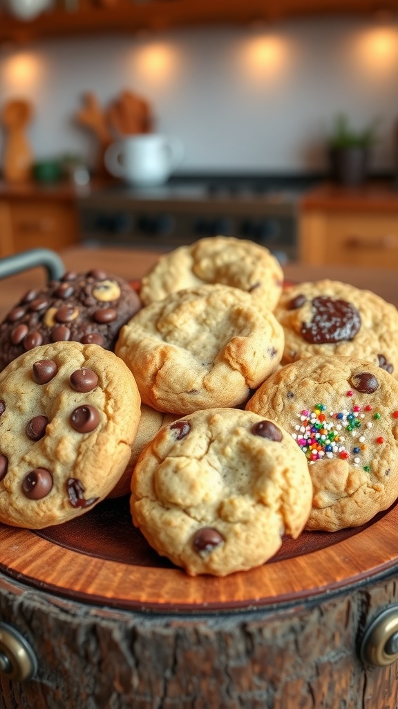 An assortment of six types of cookies on a wooden platter, showcasing chocolate chip, oatmeal raisin, peanut butter, snickerdoodle, double chocolate, and sugar cookies.